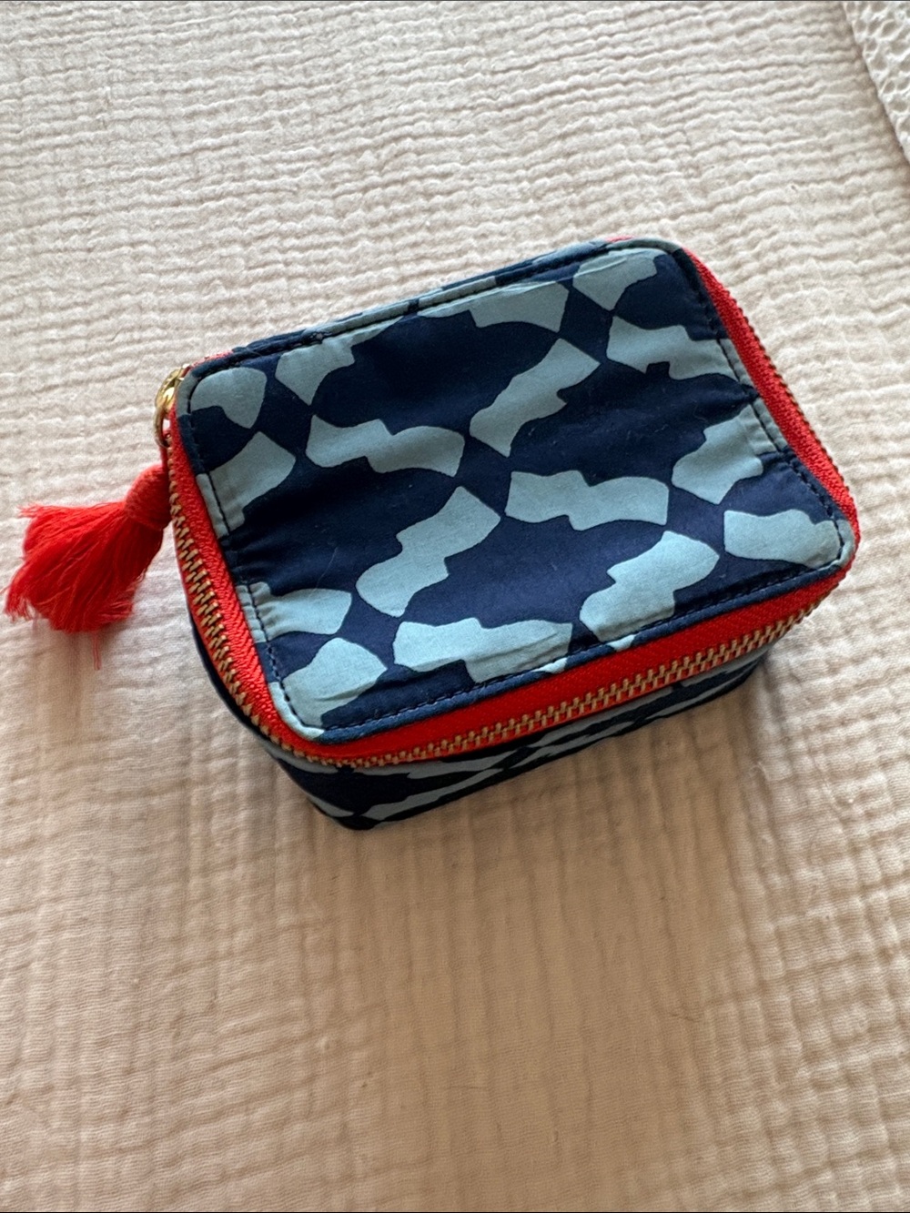 Navy & Light Blue Patterned jewelry Case with Red Zip Tassel